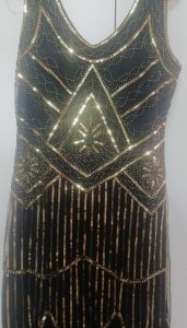 Adult Female Costumes to Hire - GATSBY GOLD & BLACK SEQUIN & FRINGE HEM DRESS - LARGE 